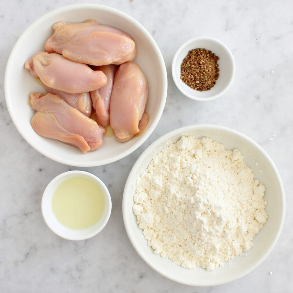 Raw chicken, seasonings, and ingredients for frying.