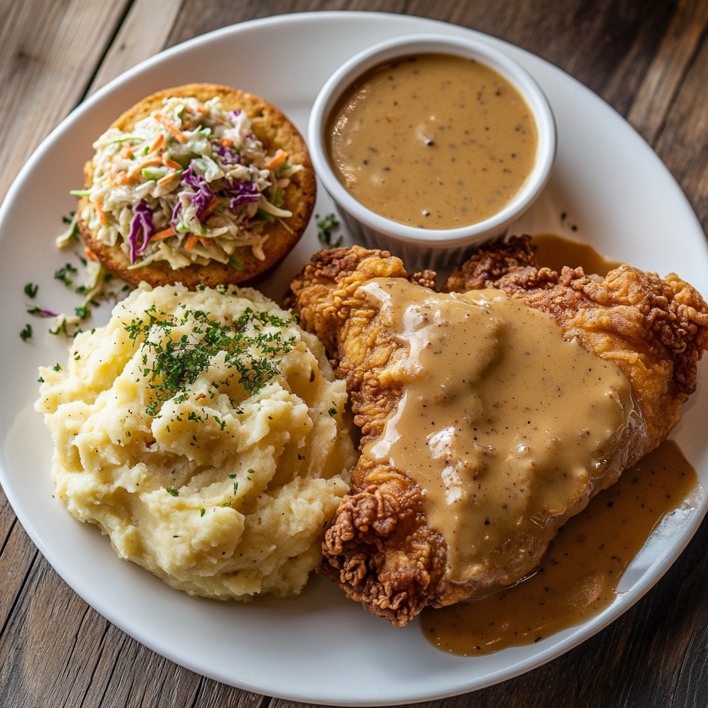 A plated meal of fried chicken, mashed potatoes, coleslaw, and cornbread.