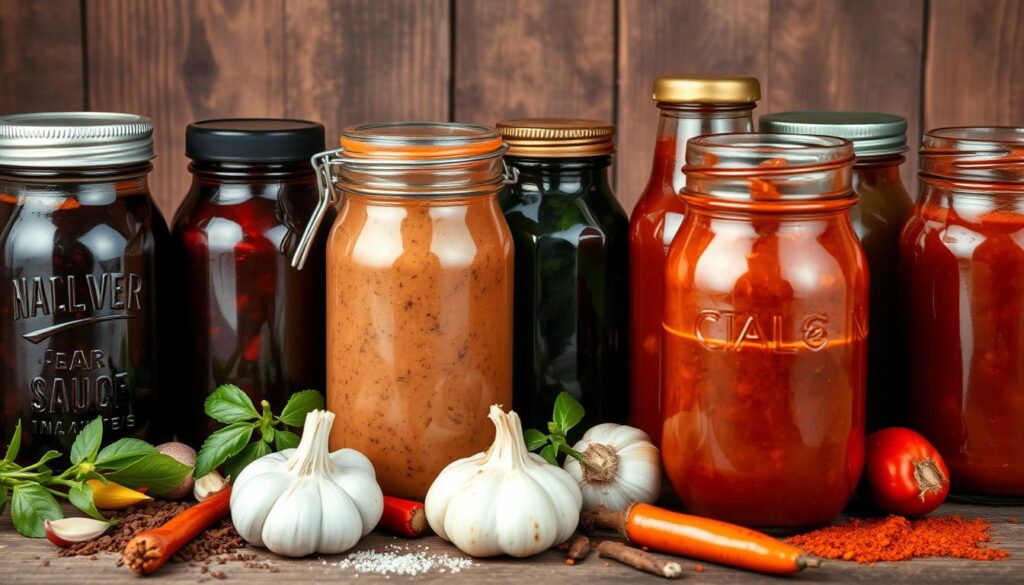 An assortment of homemade barbecue sauces in jars, surrounded by fresh garlic, chili peppers, and herbs.