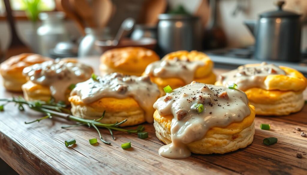 Fluffy biscuits topped with creamy sausage gravy garnished with green onions on a wooden table.