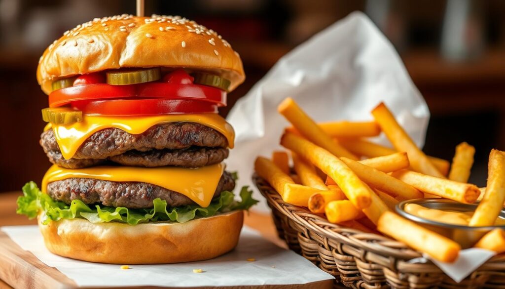 A double cheeseburger with fresh lettuce, tomato slices, pickles, and melted cheese, served with a basket of crispy golden fries and dipping sauce.