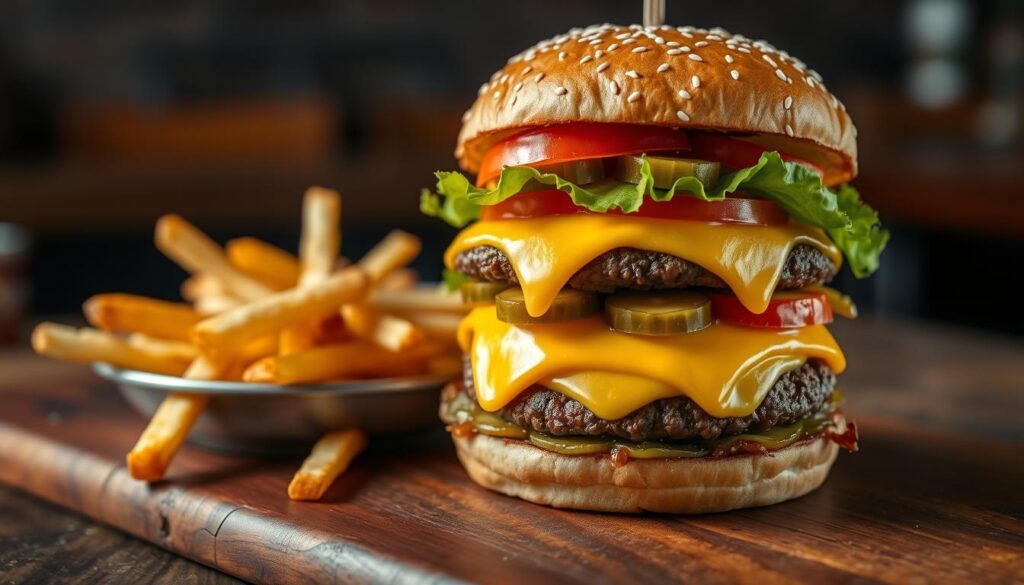 A classic double cheeseburger with lettuce, tomato, pickles, and melty cheese, served with golden fries on a wooden board.