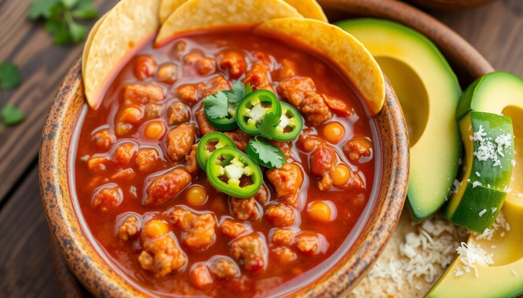 A bowl of authentic Chili Con Carne garnished with sliced jalapeños, fresh cilantro, and served with tortilla chips, avocado, and rice.