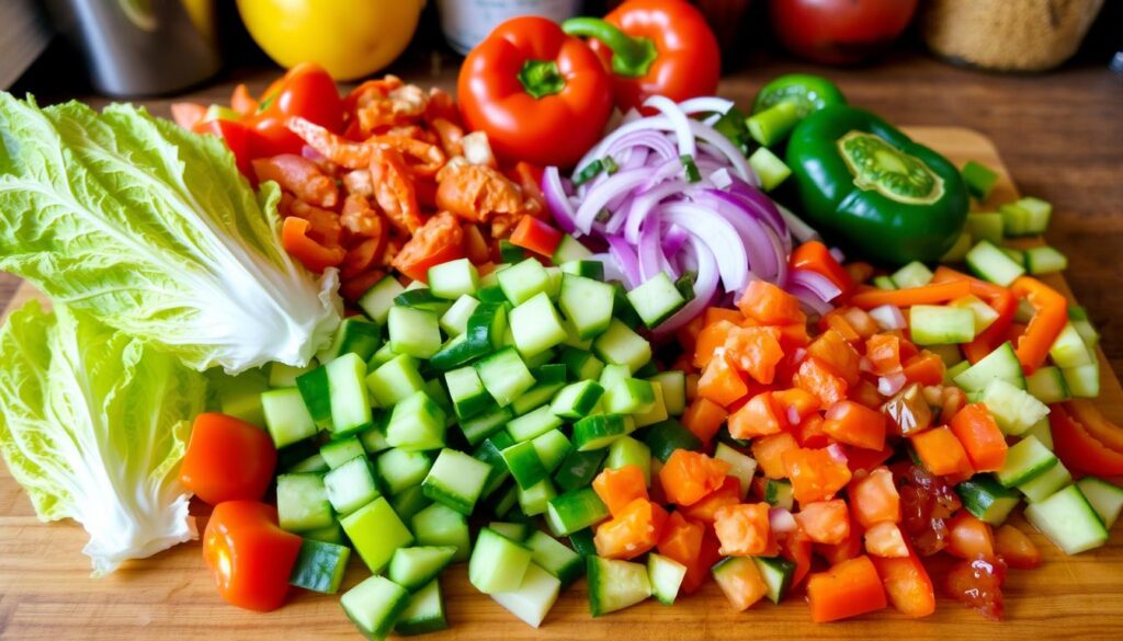 A colorful assortment of chopped vegetables including lettuce, cucumber, tomatoes, red onions, bell peppers, and jalapeños on a wooden cutting board.