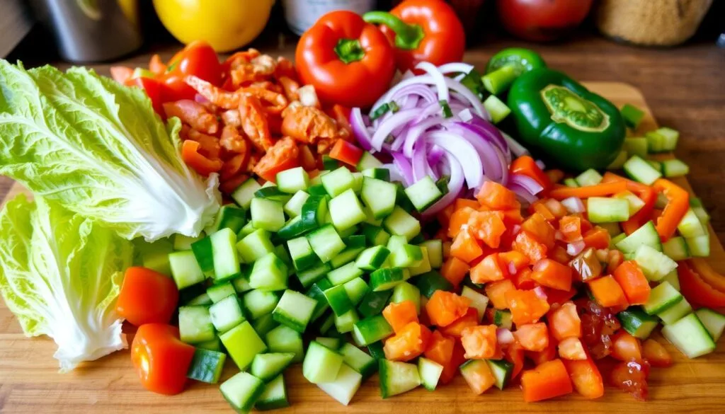 Fresh Chopped Vegetables for Salad A colorful assortment of chopped vegetables including lettuce, cucumber, tomatoes, red onions, bell peppers, and jalapeños on a wooden cutting board.