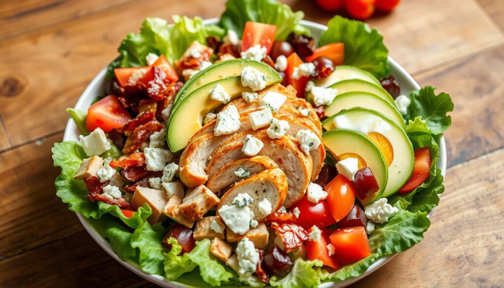 A fresh Cobb Salad featuring lettuce, grilled chicken, avocado, tomatoes, crispy bacon, and blue cheese crumbles.