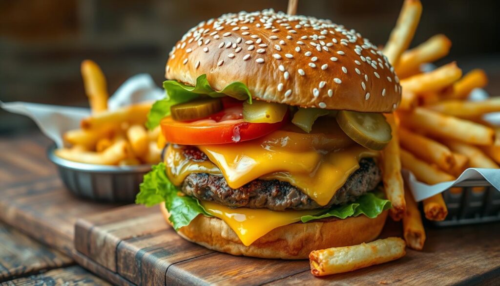 A classic cheeseburger with lettuce, tomato, pickles, and melted cheese, served on a sesame seed bun with a side of golden fries.