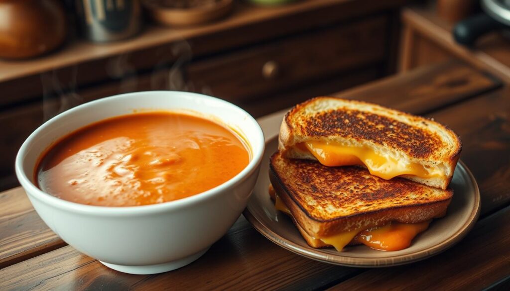 A bowl of creamy tomato soup served with two golden, melty grilled cheese sandwiches on a plate.