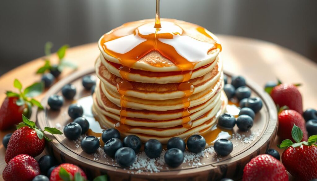 A stack of pancakes with maple syrup and butter on top.