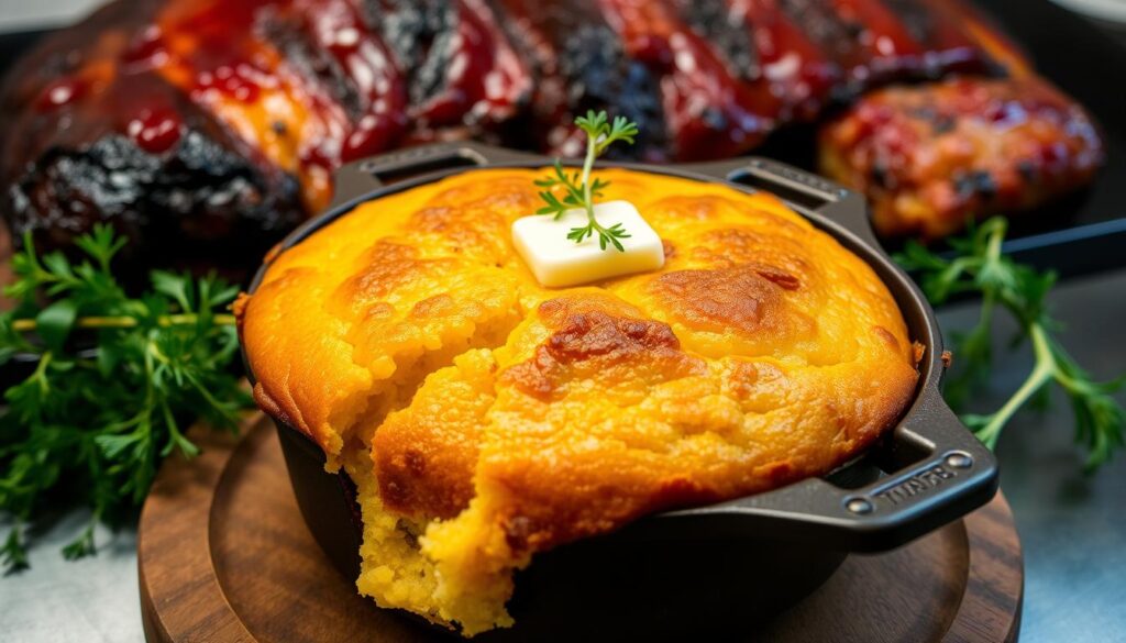 A skillet of golden Southern cornbread topped with a pat of butter, served with BBQ ribs in the background.