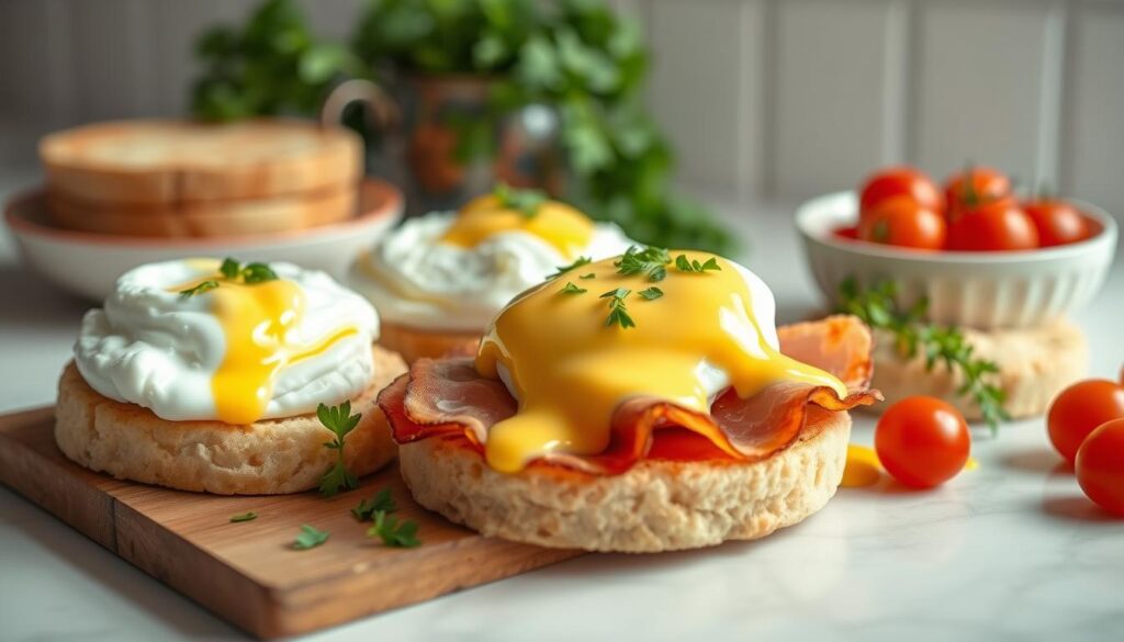 A beautifully arranged breakfast featuring poached eggs on English muffins, one with hollandaise sauce and ham, garnished with fresh parsley, alongside cherry tomatoes and greens.