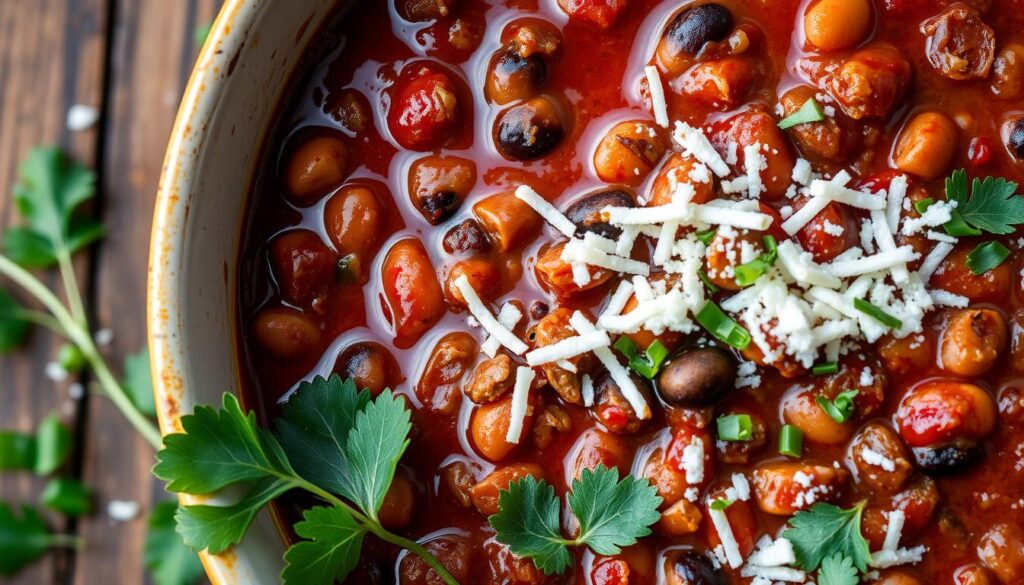 A close-up of hearty Chili Con Carne with beans, garnished with shredded cheese, chopped chives, and fresh parsley leaves.