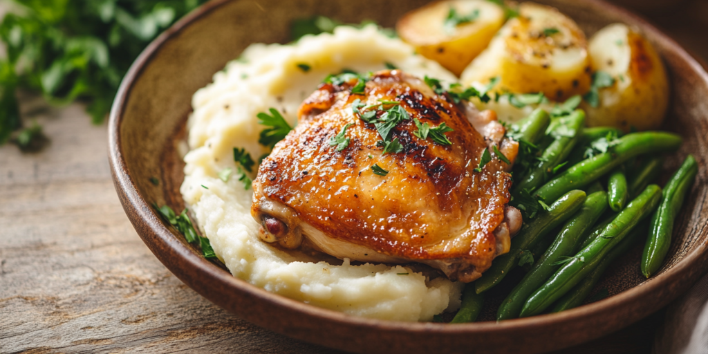 Crispy pan-seared chicken thighs served with mashed potatoes and green beans.