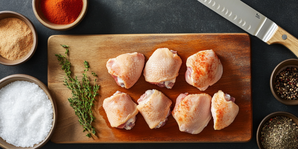 Raw chicken thighs being prepped with spices and paper towels.