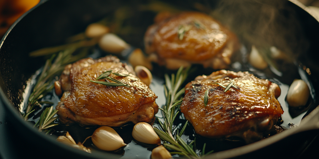 Chicken thighs searing in a cast iron skillet with garlic and rosemary.