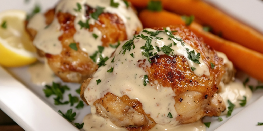 Pan-cooked chicken thighs served with garlic sauce and roasted carrots.