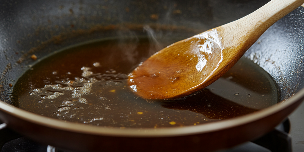 Deglazing a pan with chicken broth after cooking chicken thighs.