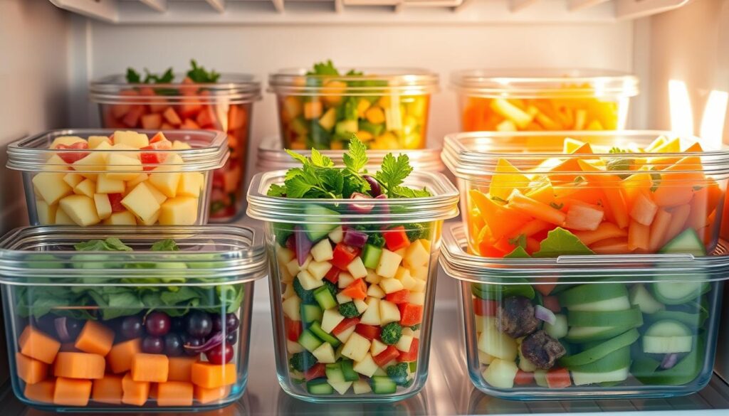 Clear containers filled with prepped fruits and vegetables, neatly organized in a refrigerator.