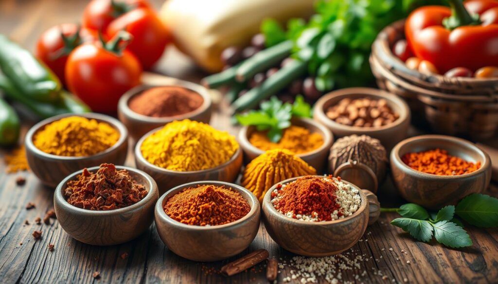 A colorful assortment of spices in wooden bowls on a rustic table, surrounded by fresh vegetables like tomatoes, peppers, and herbs.