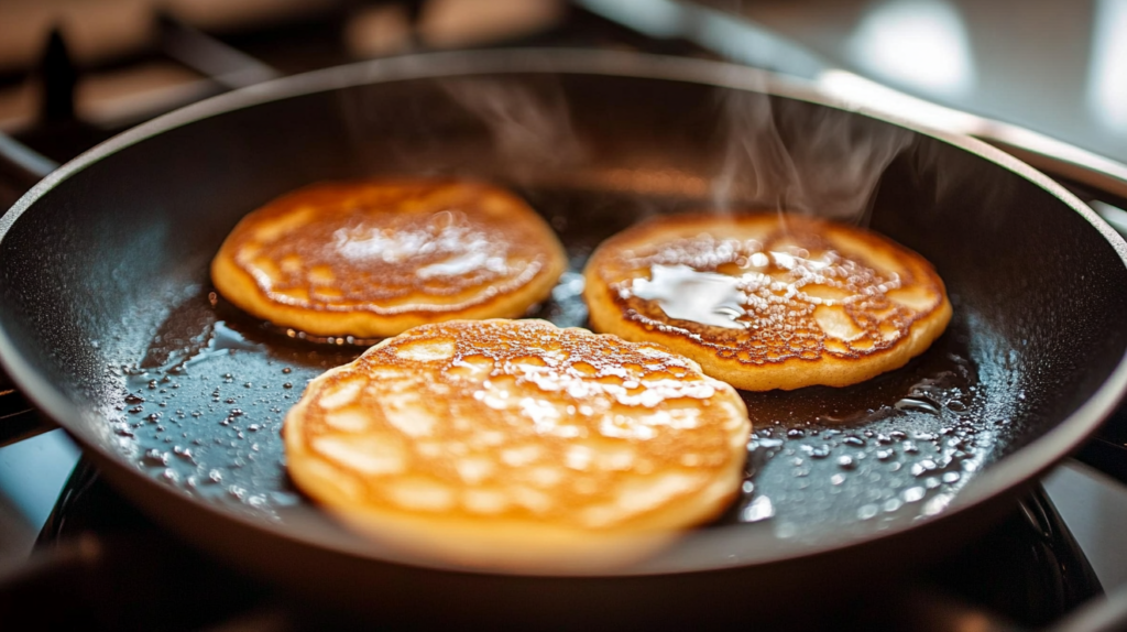 Pancakes cooking in a skillet with bubbles on the surface.