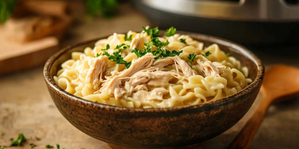 Steaming bowl of creamy chicken and noodles garnished with fresh parsley, served in a rustic setting with a slow cooker in the background