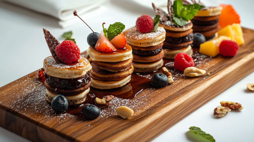 A pancake platter with fruit, syrup, and nuts on a wooden board.