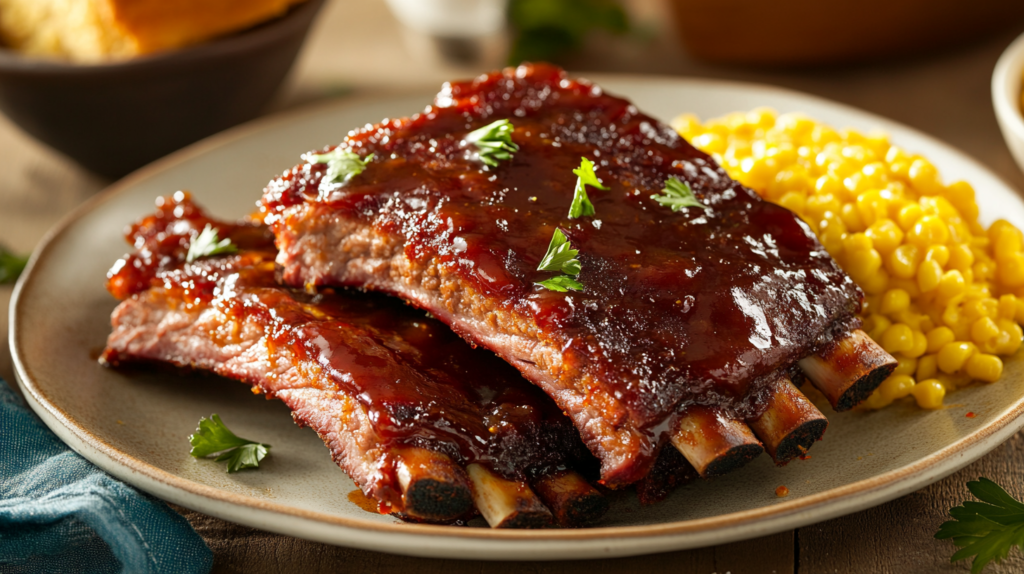 A plate of glazed BBQ ribs garnished with parsley, served with cornbread and creamy side dishes.
