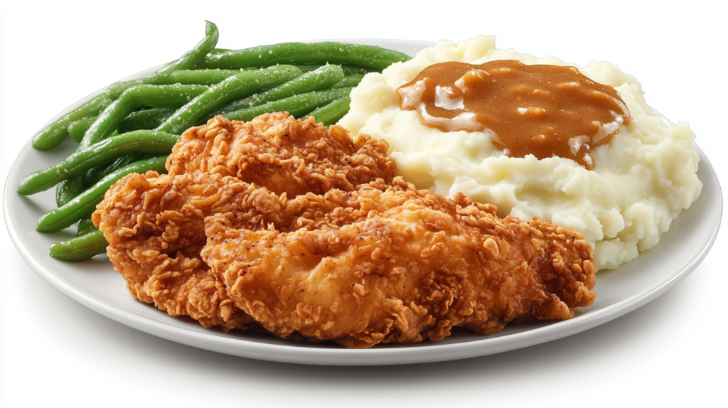 A plate of crispy chicken, mashed potatoes, and green beans.