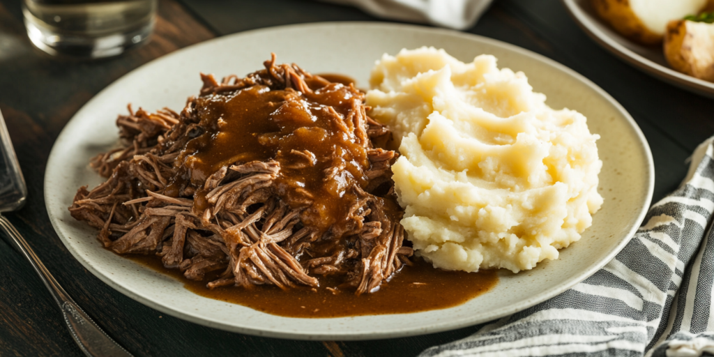 Plate of tender shredded chuck roast with creamy mashed potatoes topped with brown gravy, served on a rustic wooden table.