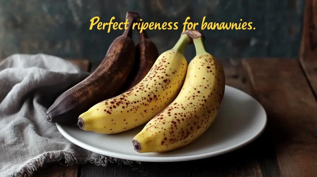 Three bananas at various ripeness levels for banana brownies