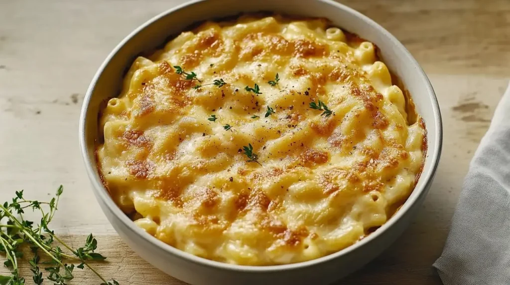 bowl of simple macaroni and cheese with golden crust.