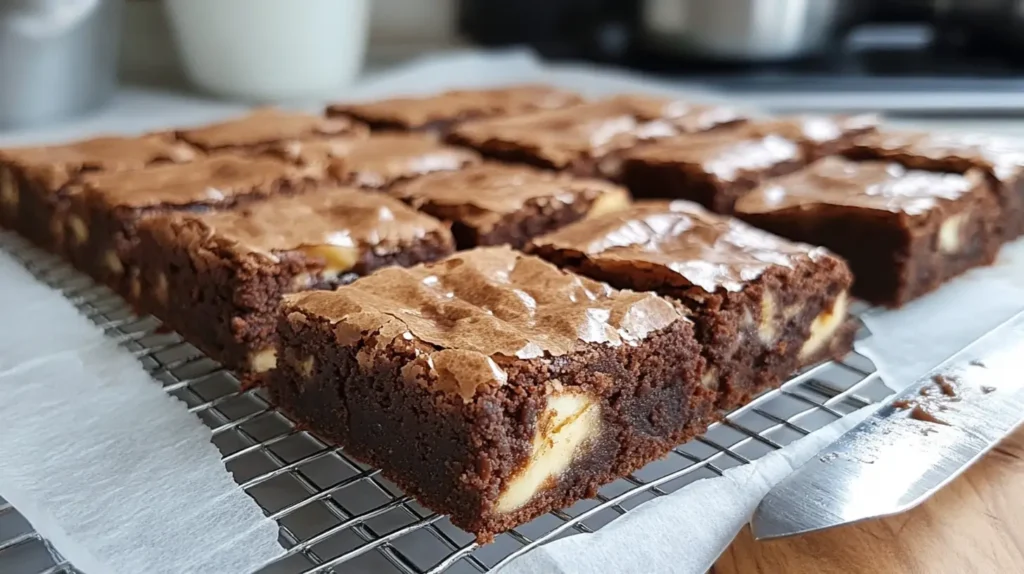 Banana brownies cooling on a rack with sliced pieces on the side.