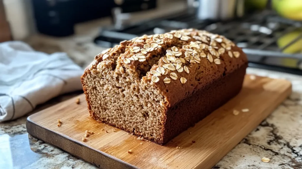 A loaf of Banana Bran Zucchini Bread on a wooden board, sliced to reveal its moist interior.