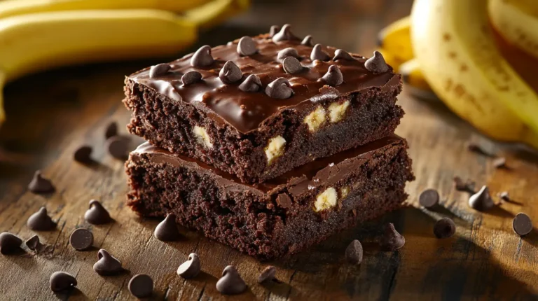 Stack of fudgy banana brownies with ripe bananas and chocolate chips.