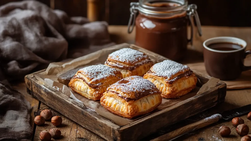 Golden, flaky Nutella pastry puffs on a rustic wooden table with powdered sugar, hazelnuts, a jar of Nutella, and a steaming cup of coffee.