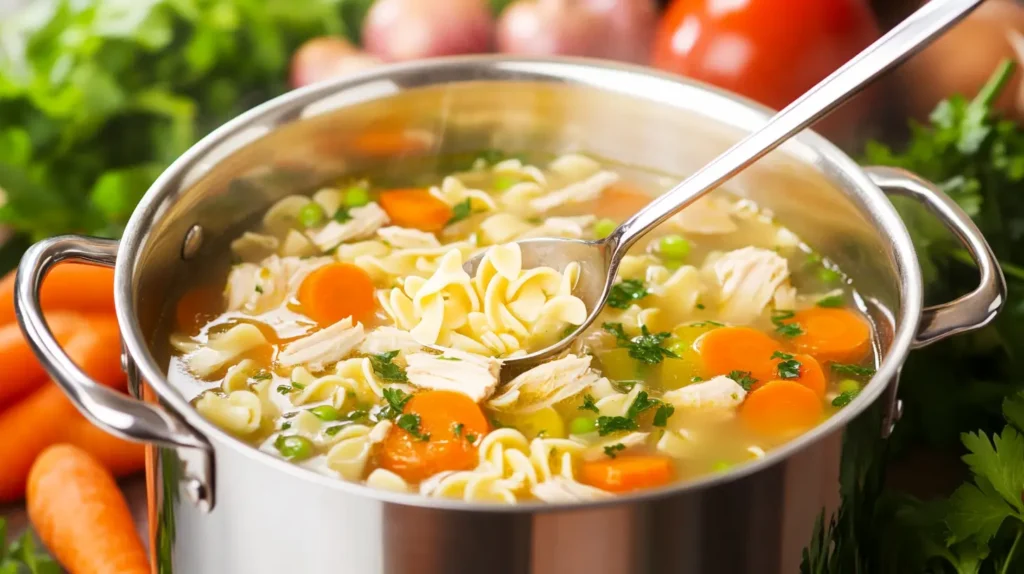  Panera Chicken Soup Ingredients. Homemade chicken noodle soup being cooked in a pot.