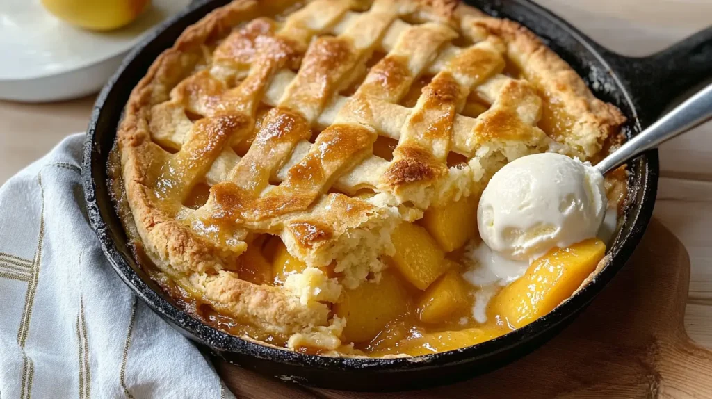 Freshly baked peach cobbler in a skillet with vanilla ice cream.