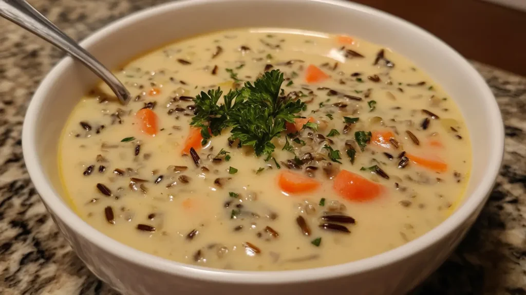 Homemade wild rice soup with vegetables.