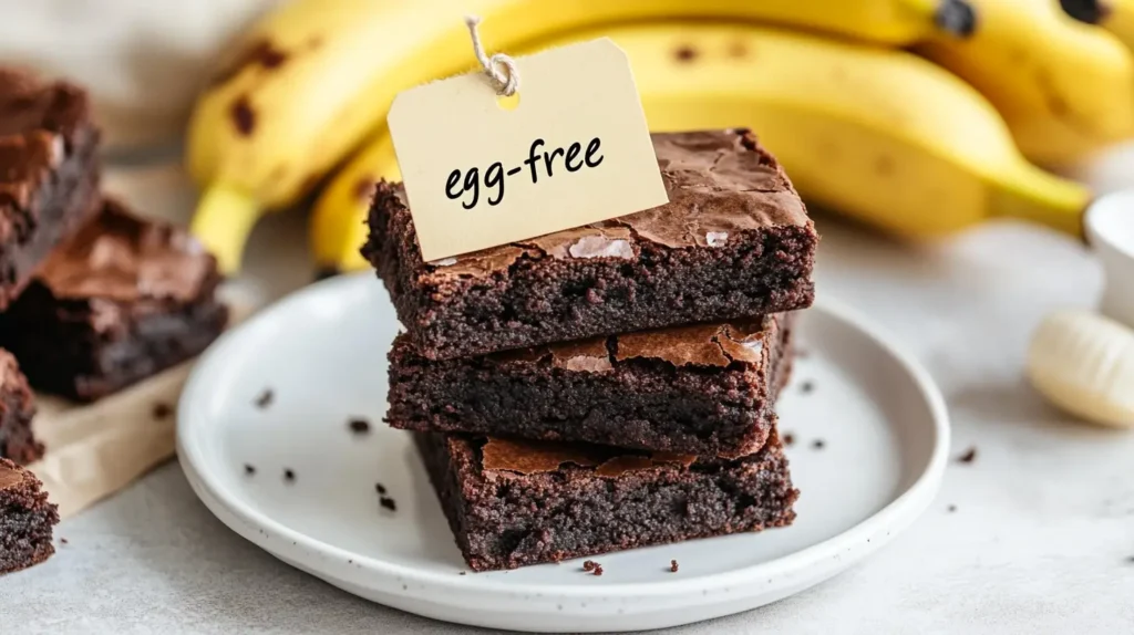 A stack of moist, egg-free brownies with bananas in the background.