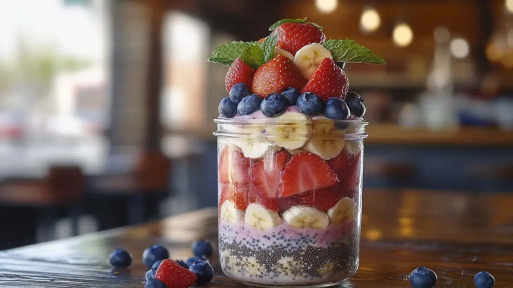 Jar of overnight oats with fresh fruit and chia seeds