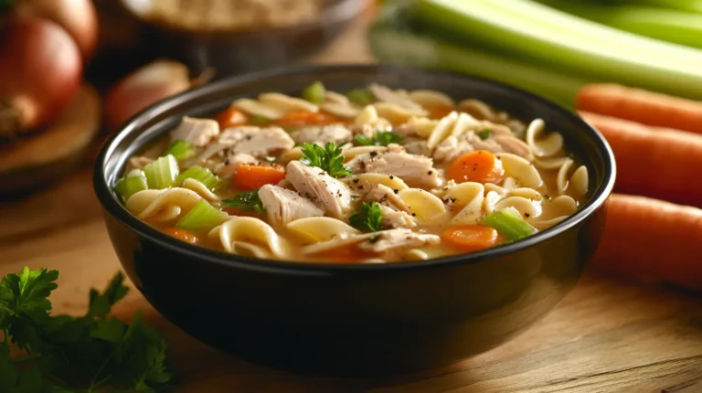 Panera’s Chicken Noodle Soup ingredients with fresh vegetables on a wooden table.