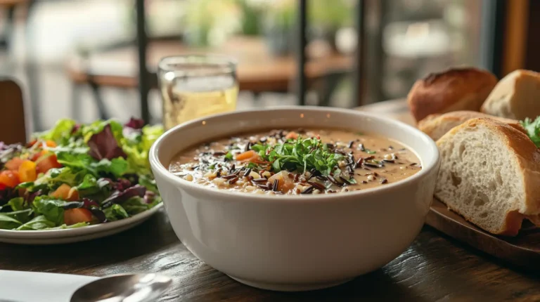 A bowl of Panera Wild Rice Soup with salad and bread in a café.