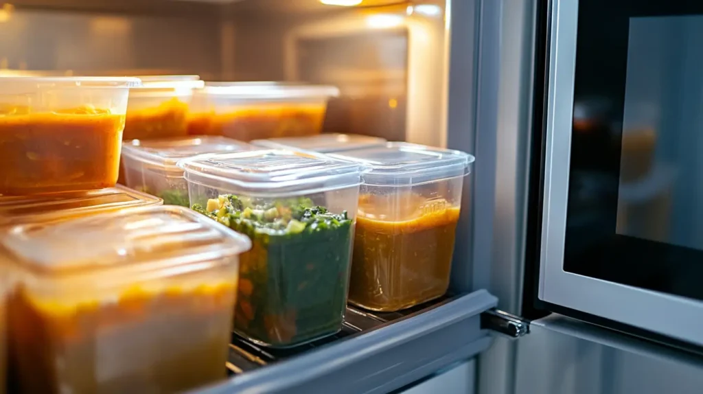 Soup containers in a freezer and a microwave nearby.