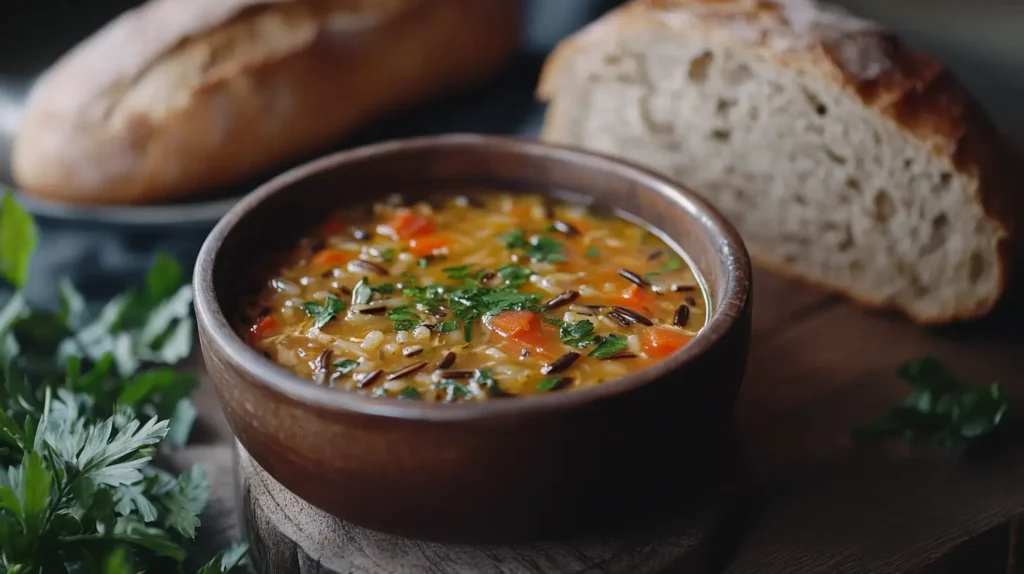 A bowl of creamy chicken wild rice soup on a wooden table.