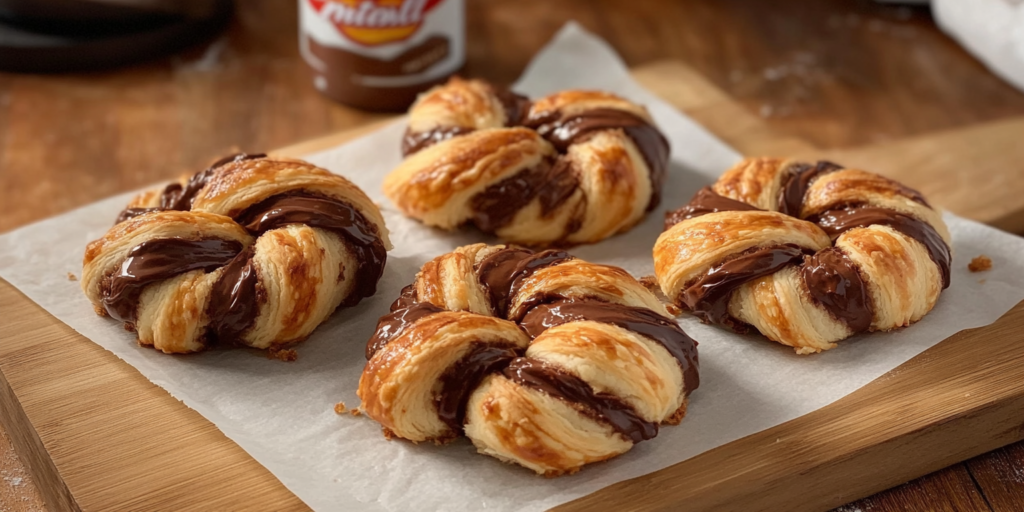 Close-up of golden braided puff pastries filled with rich Nutella, served on a wooden board lined with parchment paper.