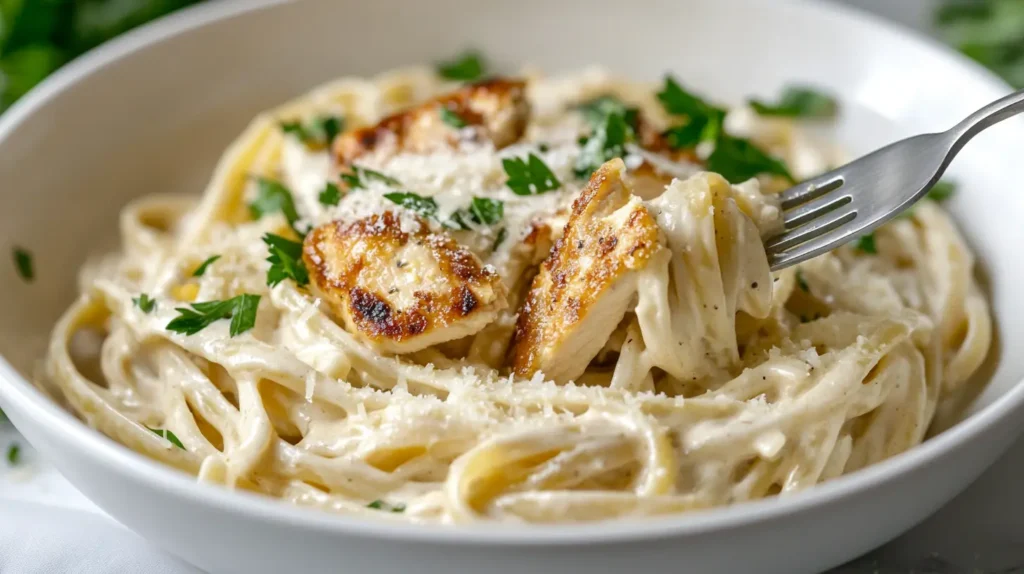 A creamy garlic chicken pasta dish with parmesan and parsley.