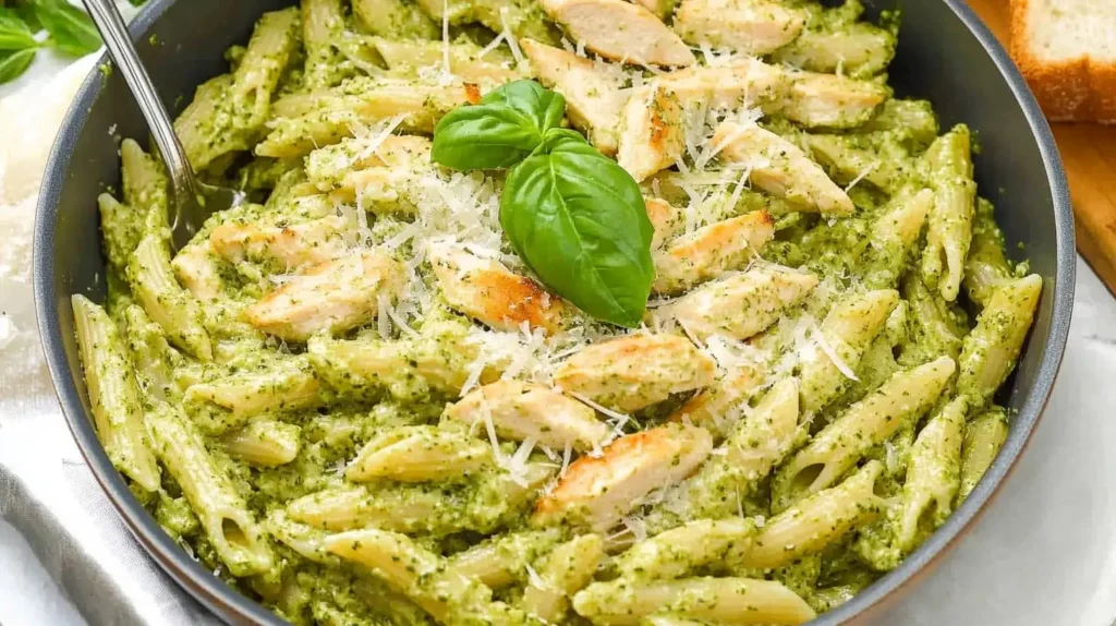 Quick and easy chicken pesto pasta dish with basil and Parmesan.