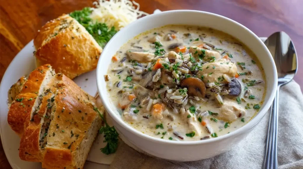 A bowl of creamy mushroom chicken and wild rice soup garnished with herbs, served with slices of golden crusty garlic bread on a white plate.