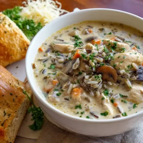A bowl of creamy mushroom chicken and wild rice soup garnished with herbs, served with slices of golden crusty garlic bread on a white plate.