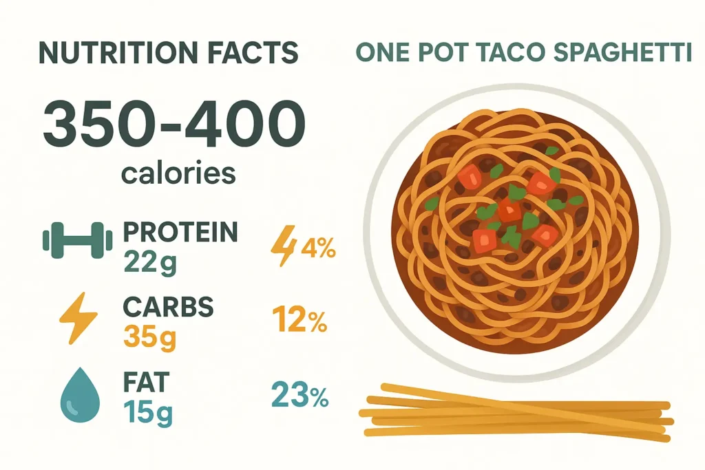Taco Spaghetti Nutritional Breakdown Infographic showing the nutritional values of One Pot Taco Spaghetti, including calories, protein, carbohydrates, and fat, with icons and a clean design.